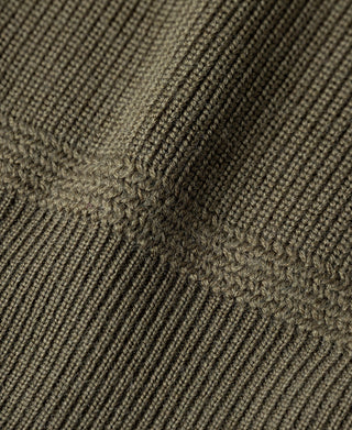 Olive wool sweater knit closeup with dense vertical ribbing texture