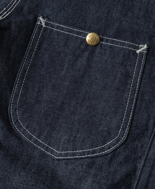 Indigo denim jacket chest pocket with gold button and white contrast stitching