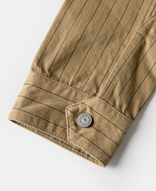 Khaki striped chore coat sleeve cuff with snap button detail