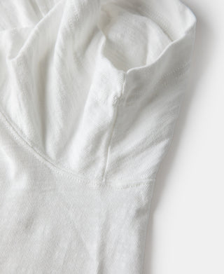Close-up of white t-shirt crew neckline and shoulder seam