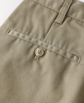 Khaki work pants belt loop and buttoned waist closure detail