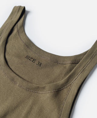 Olive cotton tank top neckline with “SIZE 38” label and ribbed trim