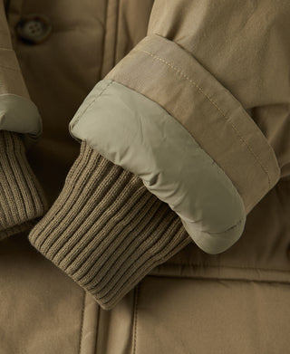 Khaki polar down parka cuff with rib-knit knit sleeve and padded outer cuff