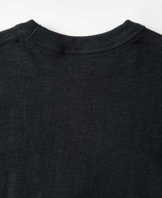 Black cotton crew-neck T-shirt neckline and collar rib trim close-up