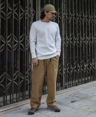 White heavyweight waffle cotton underwear top with crew neck and long sleeves, full body