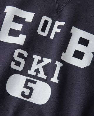 Navy ski sweater front graphic: “E OF B SKI 5” in white block letters