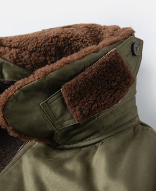 Olive flight jacket side collar close-up with brown shearling trim