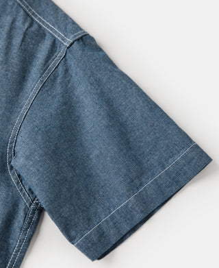 Blue chambray work shirt sleeve cuff with double-row stitching