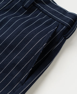 Navy pinstripe leg with pleats and inner seam finish