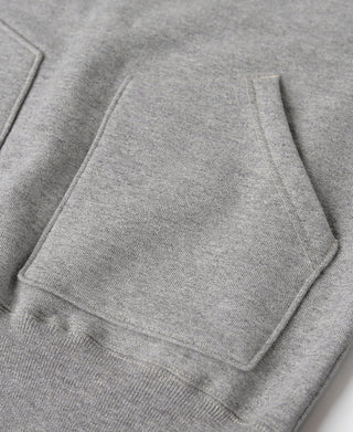 Gray terry hooded sweatshirt kangaroo pocket seam and ribbed hem detail