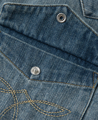 Blue denim western shirt front yoke with metal snaps and contrast stitching