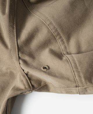 Khaki jacket close-up of pocket opening with stitched edges