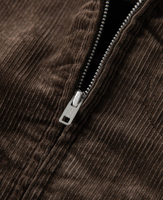 Brown corduroy cossack jacket front zipper with metal slider and textured fabric