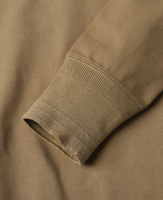Khaki long-sleeve henley cuff with ribbed hem and stitched finish