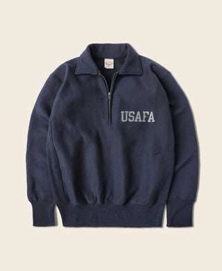 Navy half-zip sweatshirt with USAFA chest logo and stand collar