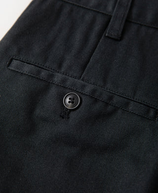 Black work pants with round button closure and belt loop