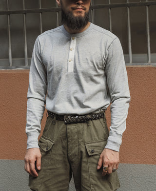 Gray long-sleeve henley shirt with button placket and split neckline