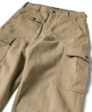 Khaki cotton twill field pants with relaxed fit, buttoned front and side cargo pocket
