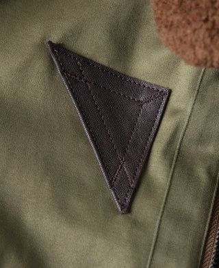 Olive jacket triangular dark patch detail on front panel