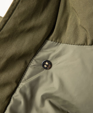 Olive parka close-up: snap button on inner cuff placket