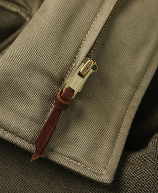 Olive jacket zipper pocket with brown leather pull tab and stitched flap detail.