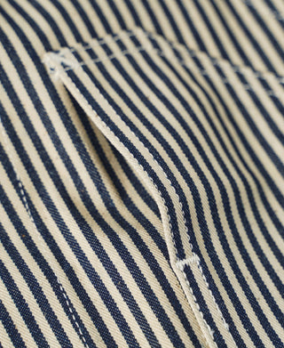 Striped vest shoulder and collar edge with stitched trim detail