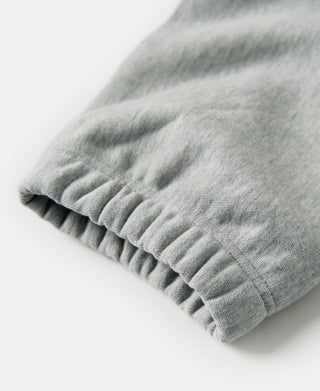 Gray terry cloth sweatpants cuff with gathered elastic at ankle opening.