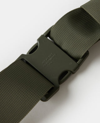 Olive strap buckle with engraved text and woven webbing
