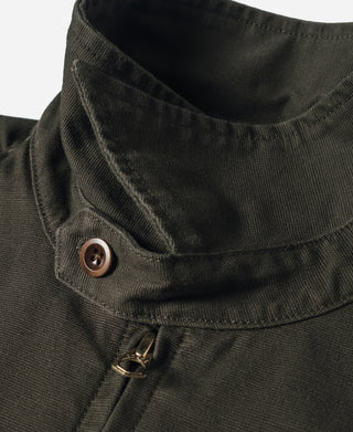 Olive jacket neckline with brown snap and zipper placket detail