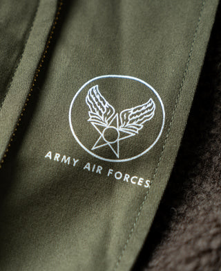 Olive flight jacket chest emblem patch with eagle and “Army Air Forces” text