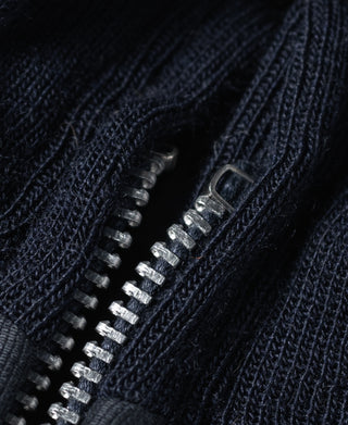 Navy deck jacket zipper teeth close-up with metal sliders and stitching