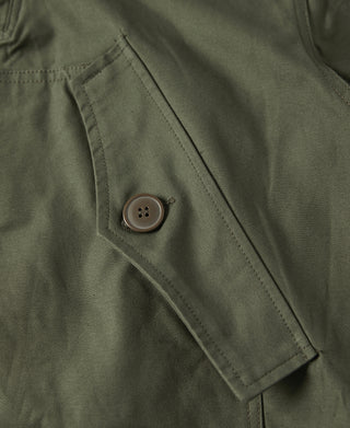 Olive cotton parka front button placket and stitched flap