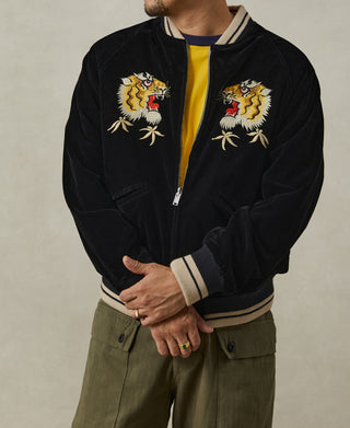 Reversible souvenir jacket black side with gold and red tiger embroidery and striped rib trim
