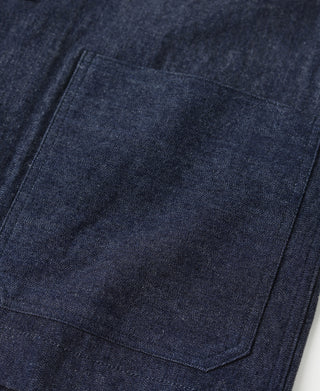 Indigo denim utility coverall jacket chest pocket with flap and stitched edge