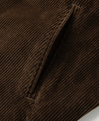 Brown corduroy jacket side seam and inner pocket opening close-up.