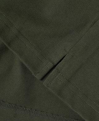 Olive quarter-zip long-sleeve t-shirt zipper placket and stitching detail