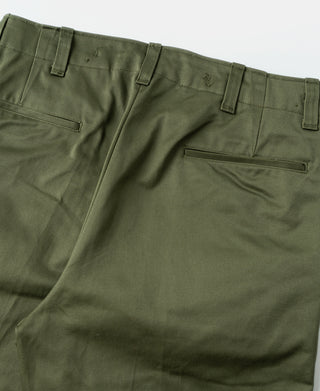 Olive front trouser pocket with rectangular flap and straight topstitching.