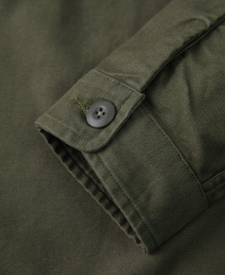Olive fatigue utility shirt sleeve cuff with button and stitched cuff placket