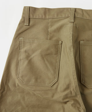 Khaki deck pants front with patch pockets and buttoned closure