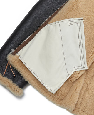 Dark brown flight jacket close-up of tan lining and zippered front edge detail