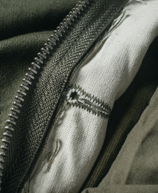 US Army M-65 field jacket, olive canvas with front zipper detail and stitching