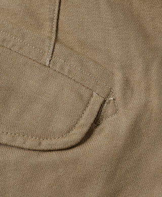 Khaki bermuda shorts showing curved front pocket and topstitching