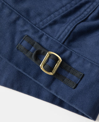 Blue moleskin Cossack jacket adjustable strap with metal buckle at hem