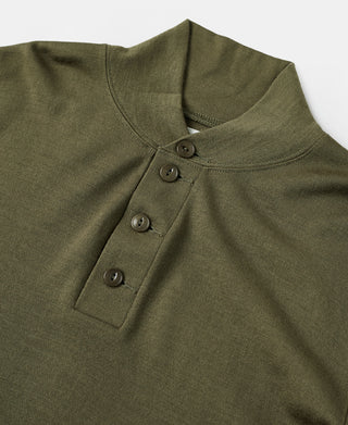 Olive wool henley shirt close-up with four-button placket and ribbed collar