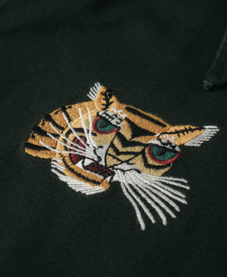 Dark green jacket fabric with colorful embroidered tiger patch on chest