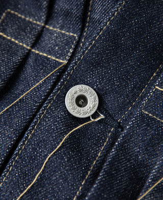 WWII Type 1 selvedge denim jacket, dark indigo, close-up of metal button and yoke stitching