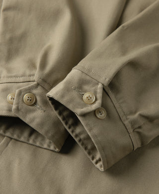 Khaki trench coat cuff with two-button tab and buttoned sleeve opening