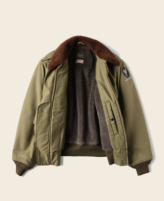 Open khaki green flight jacket with brown shearling lining