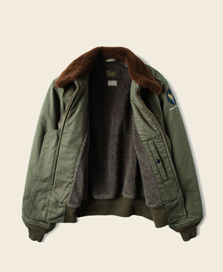 Olive flight jacket with open front, brown shearling-style lining, and zip placket