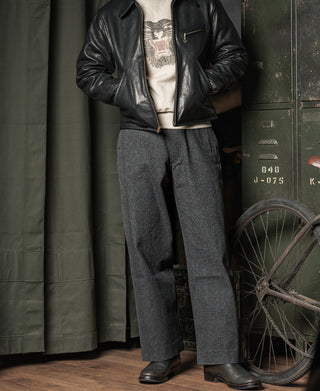 Salt and pepper wool trousers with pleat-front look and straight wide legs